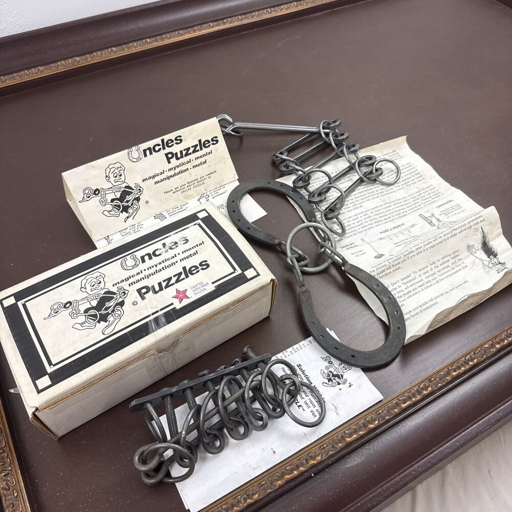 VTG ‘93 Lot of 3 Uncle’s Metal Puzzles Challenger Ladder Horseshoes Box Solution